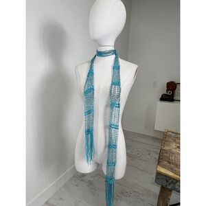y2k Long Beaded Scarf Teal Plastic Beaded Fringe Scarf